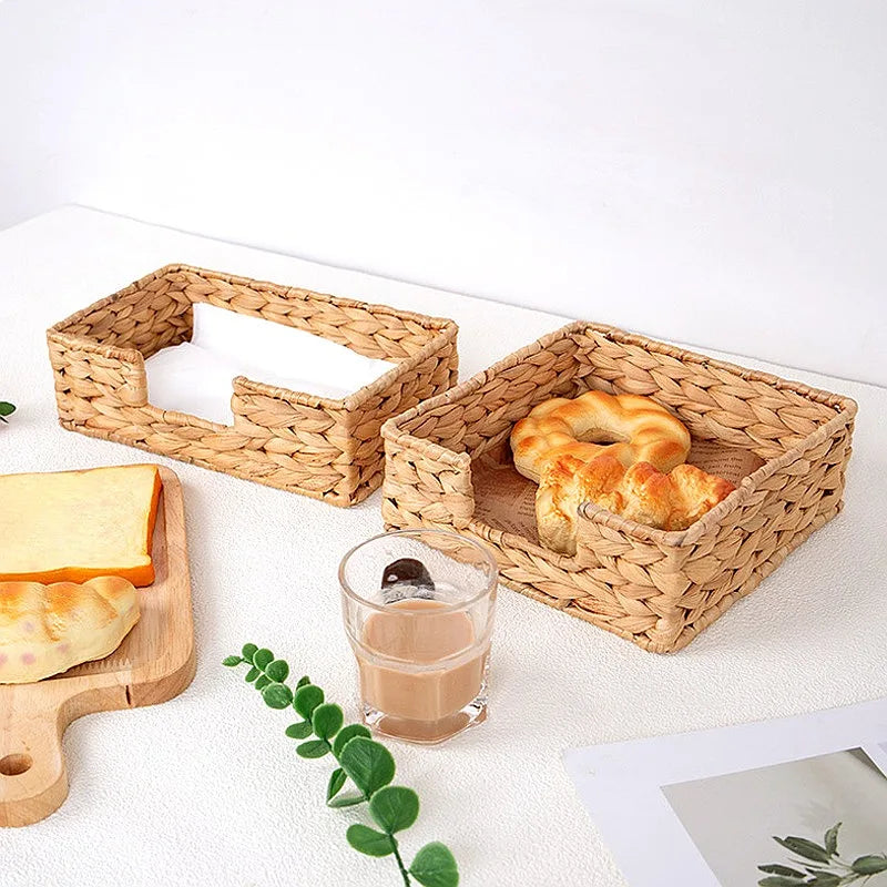 Water Hyacinth Woven Tissue Box Desktop Organizer Basket Kitchen Storage