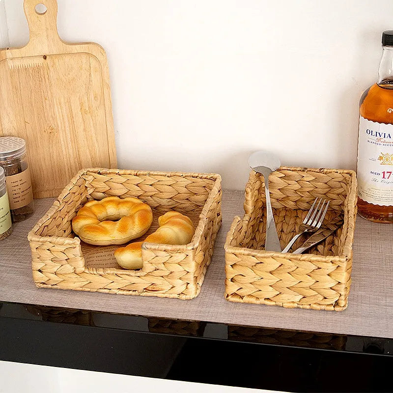 Water Hyacinth Woven Tissue Box Desktop Organizer Basket Kitchen Storage
