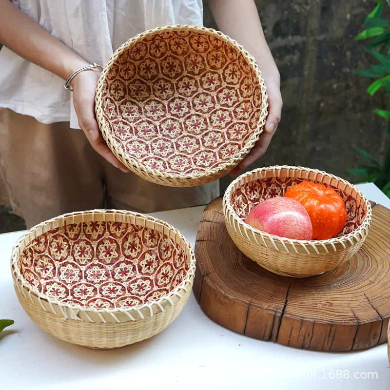 Rustic Hand Woven Bamboo Basket Round Foldable Storage for Kitchen Home Fruit Vegetable Snack Dirty Clothes Organizer