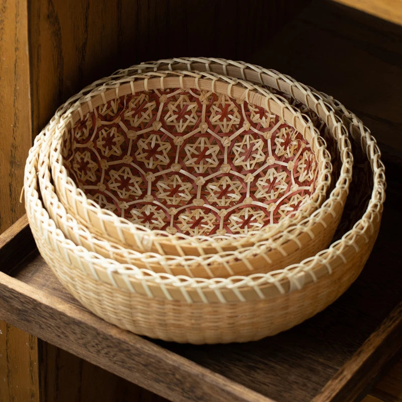 Rustic Hand Woven Bamboo Basket Round Foldable Storage for Kitchen Home Fruit Vegetable Snack Dirty Clothes Organizer