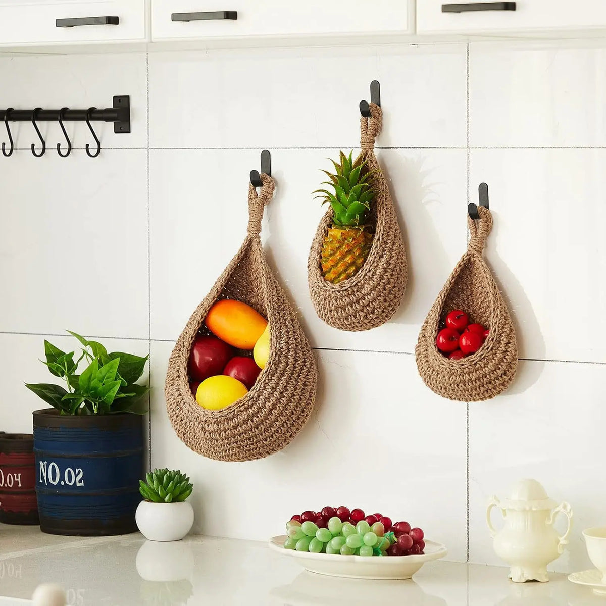 Boho Decor Hanging Wall Baskets for Kitchen 3 Pack Teardrop Baskets with Hooks Storage Fruit Onion Vegetable Potato for Home