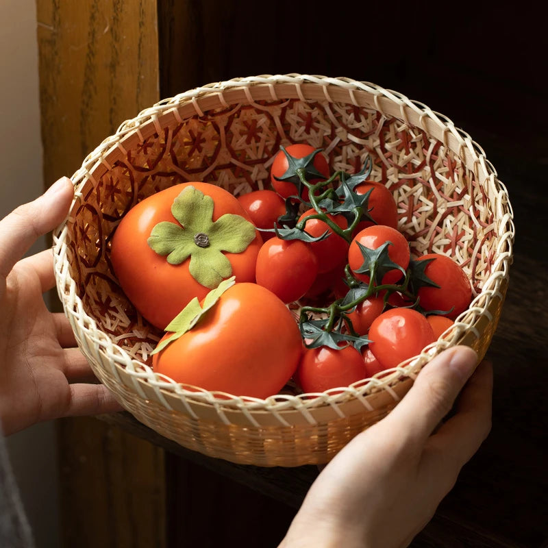 Rustic Hand Woven Bamboo Basket Round Foldable Storage for Kitchen Home Fruit Vegetable Snack Dirty Clothes Organizer
